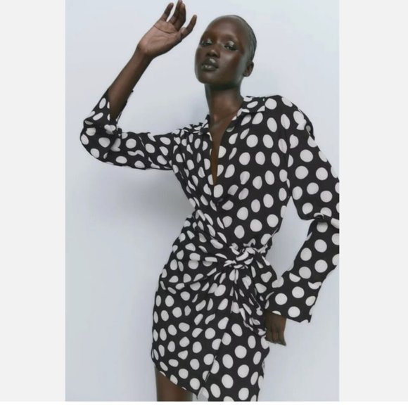 NWT Zara Black and White Dot Shirt Dress - Picture 4 of 7